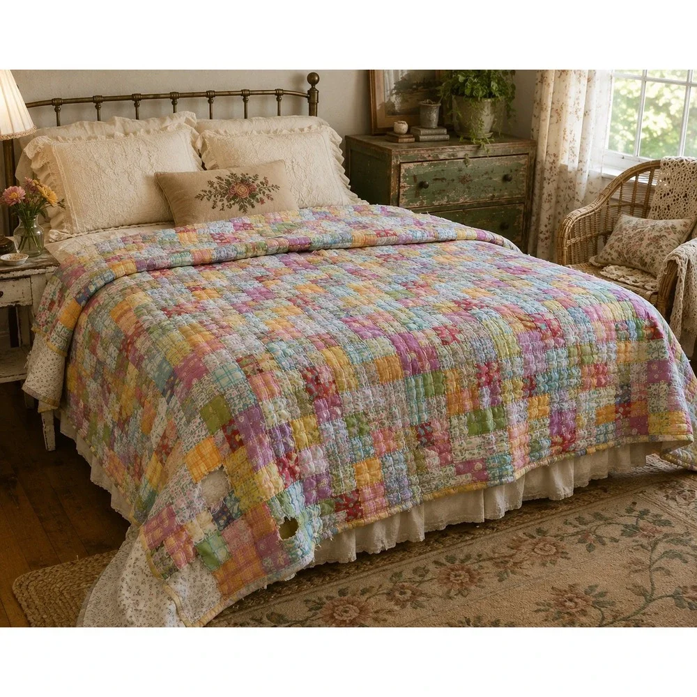 Vintage Handmade Patchwork Puff Quilt 65x76 Cottage Floral Plaid Cutter Quilt